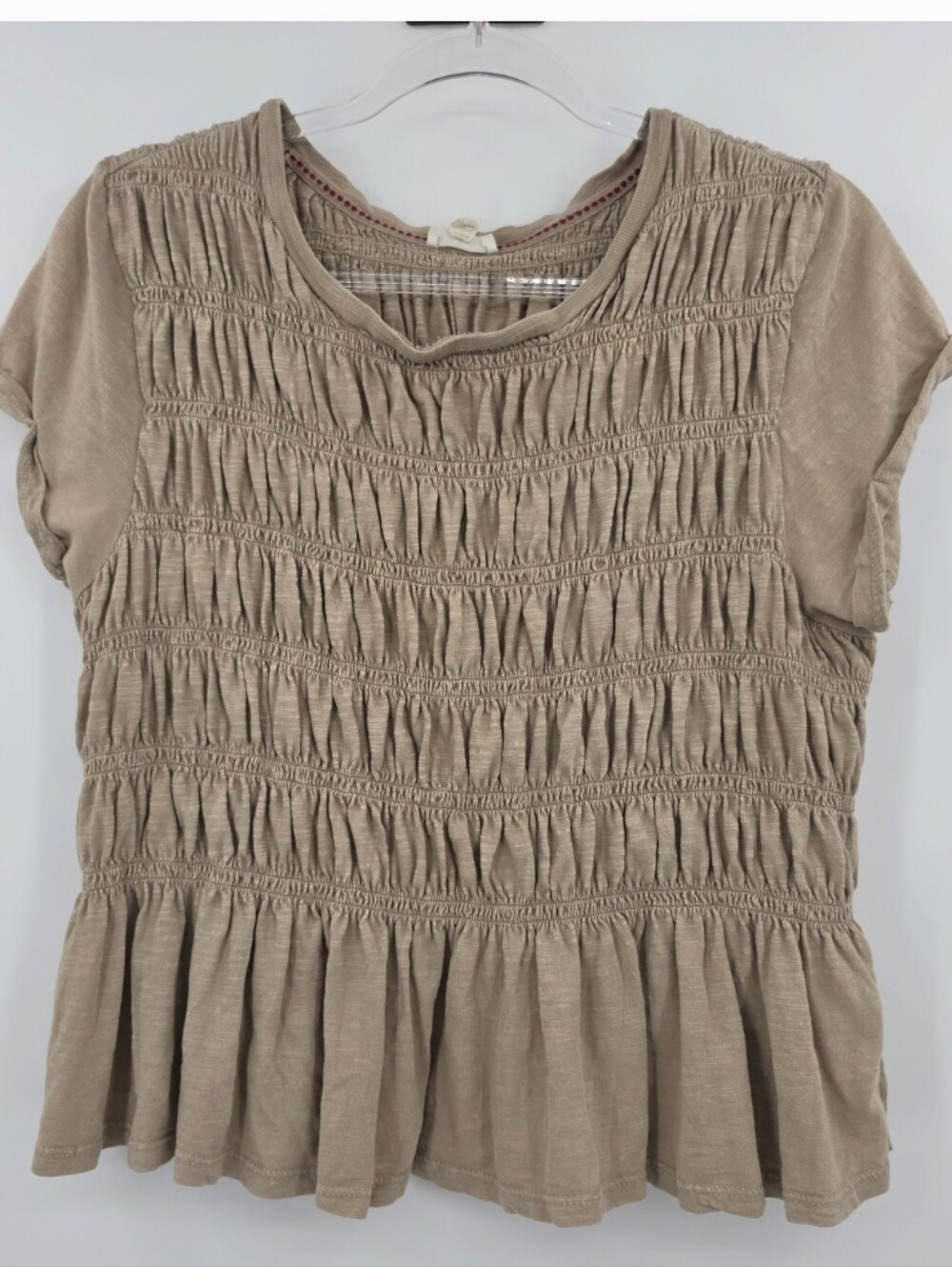 PILCRO Tabby Cotton Smocked Peplum Top Tee Large Tan Anthropologie Boho Neutral